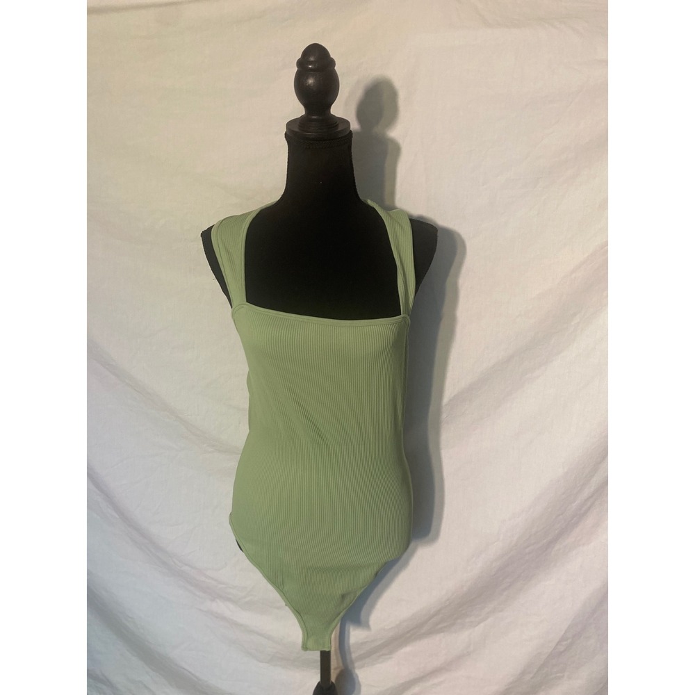 OQQ Womens XXL Sage Green Ribbed Square Neck Sleeveless Bodysuit Tank Top